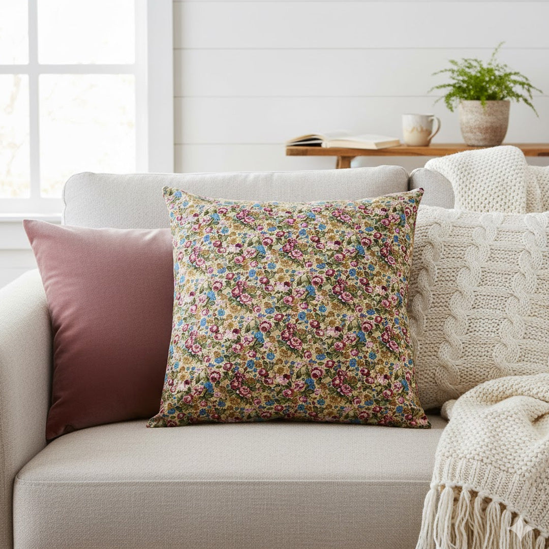 Moonmind – Pudebetræk 50x50 cm – Blomsterprint i Rosa, Blå og Grønne Nuancer
