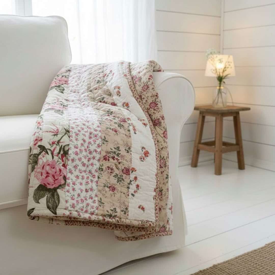 Moonmind – Patchwork Håndquiltet Vattæppe Blomsternuancer 130x180 cm